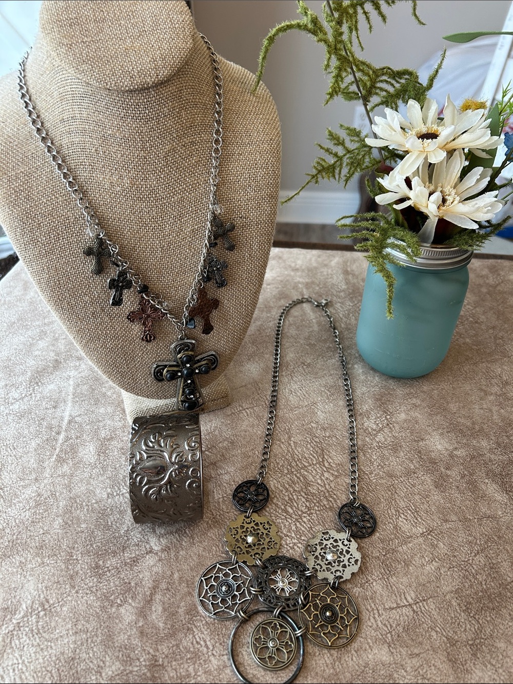 Mixed Metal Cross and Filigree Necklace Set - W/ Bracelet